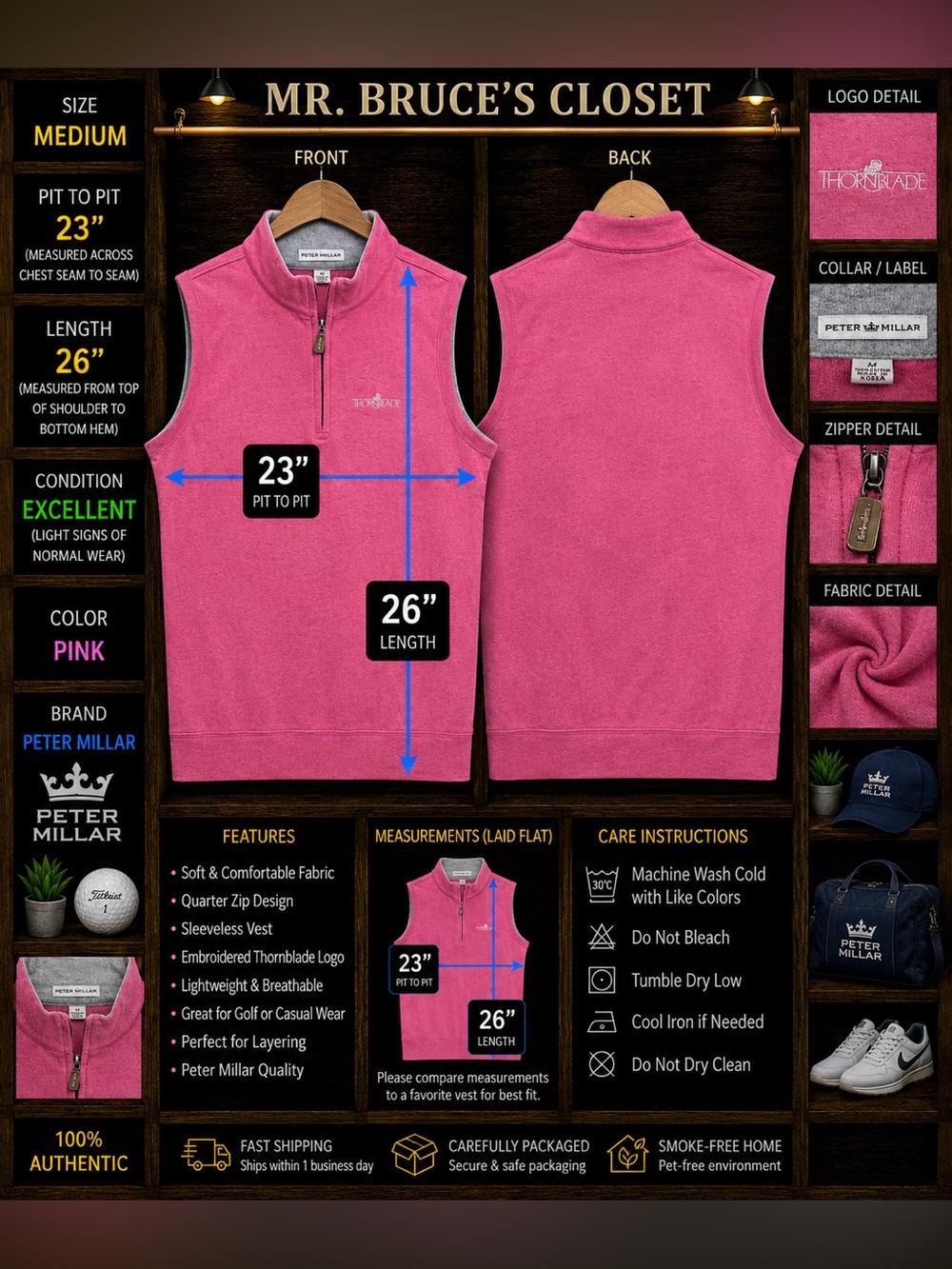 Peter Millar Men’s Pink Sleeveless Quarter-Zip Vest